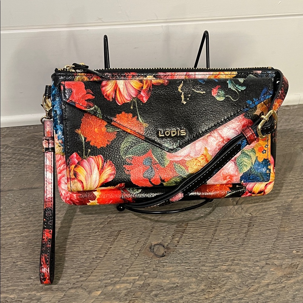 Lodis Floral Black and Red Wristlet EUC